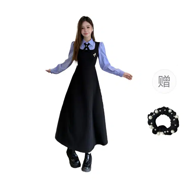 雾闪闪 大码女装假两件学院风教资面试韩系穿搭套装 长袖连衣裙 女款