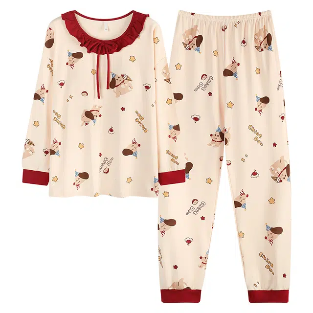 帕兰朵 带胸垫女款春秋季纯棉长袖长裤可爱卡通家居服冬天女士睡衣套装 男款