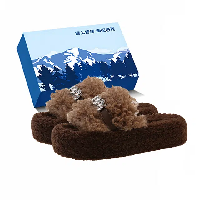 小鹿米利 厚底毛绒设计感羊羔毛毛鞋外穿水钻棉拖 防滑一字拖鞋 女
