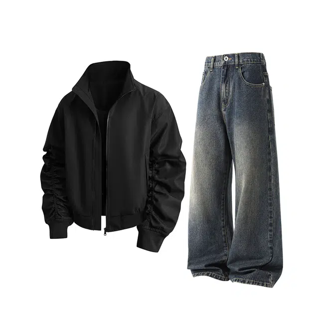 素杭 极简基础纯色翻领开衫夹克外套搭配复古水洗做旧日常百搭牛仔裤两件套潮流穿搭一整休闲运动套装 男女同款