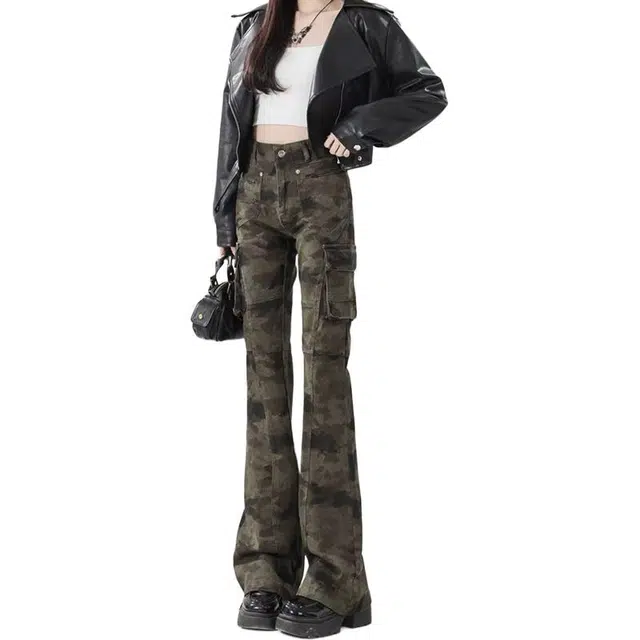 如续 复古高街休闲时尚简约百搭迷彩微喇叭工装裤高腰显瘦马蹄裤子牛仔裤 男女同款