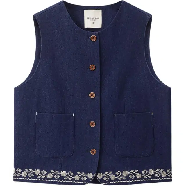 佐丹奴 撞色绣花下摆圆领牛仔外套马甲 女款