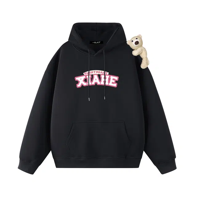 一人之下 美式休闲风艺术字母夏禾爱心九宫格印花设计小熊挂饰宽松舒适通勤日常落肩长袖连帽卫衣 男女同款