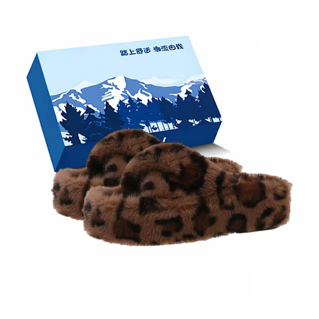 小鹿米利 时尚豹纹外穿秋冬厚底加绒 防滑一字拖鞋 女