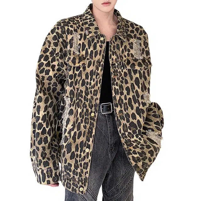 冈哉 美式复古高街迷彩豹纹破洞翻领设计个性痞帅嘻哈街头日常通勤宽松休闲百搭长袖夹克外套 男女同款