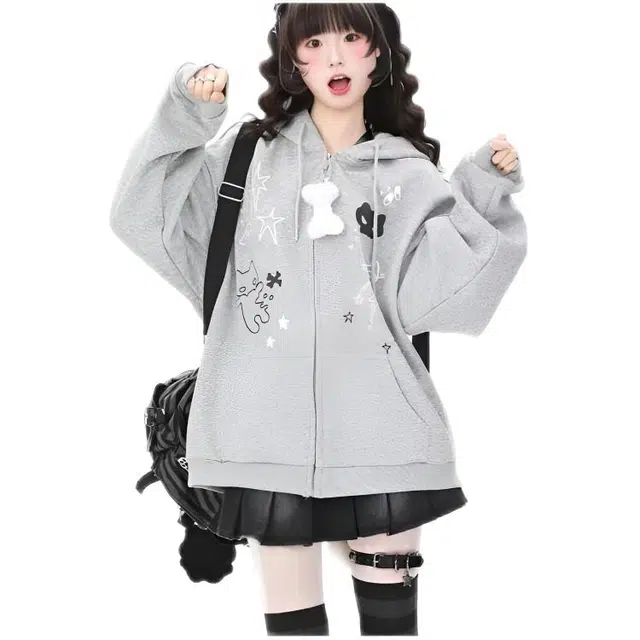 木木兔 潮流时尚秋季外套 情侣装 潮美式卡通连帽拉链开衫上衣潮卫衣 男女同款