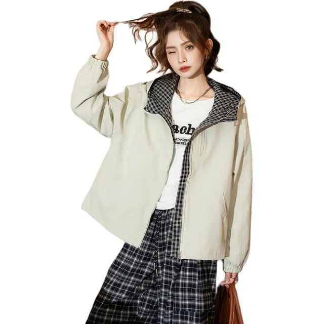 法文箱子 格子拼接设计感双拉链短款夹克 女款