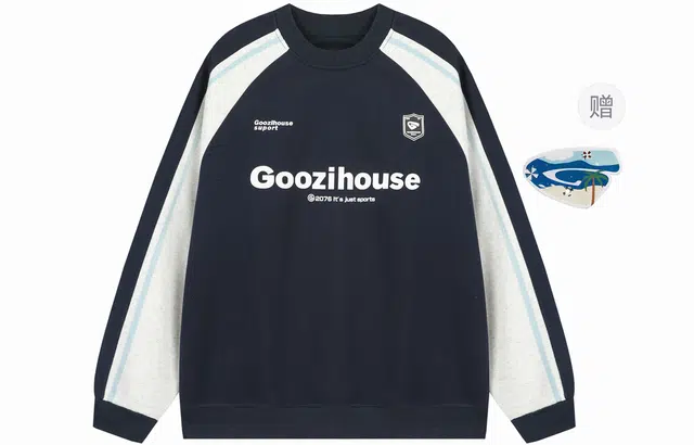 港仔文艺男 美式复古撞色拼接插肩袖条纹字母数字印花徽章小标上衣圆领套头休闲宽松长袖卫衣 男女同款