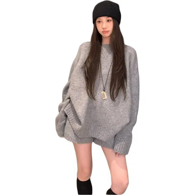 轻迎 复古韩系长袖宽松慵懒风毛衣高腰显瘦短裤两件套休闲套装 女款