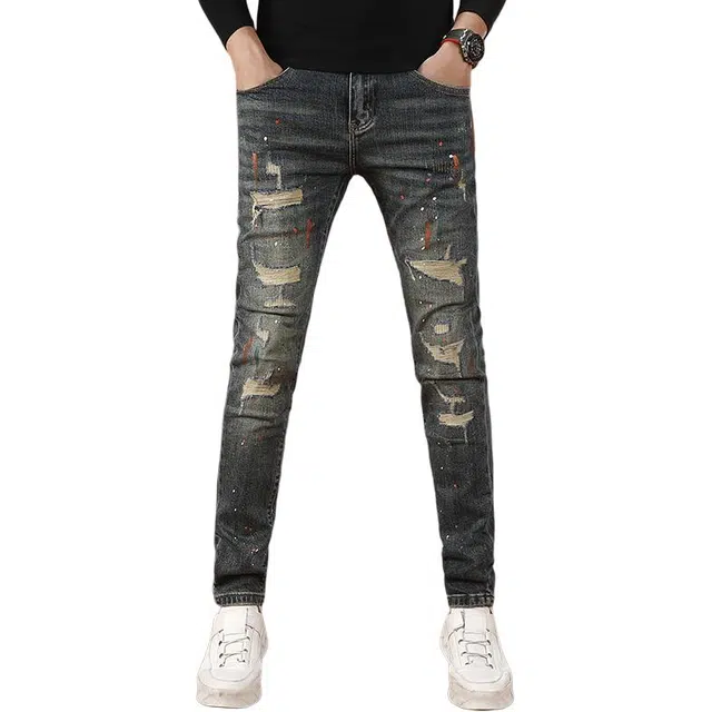 吉肯蒂 潮牌男士韩版破洞补丁休闲男裤秋季款小脚裤牛仔裤 男款