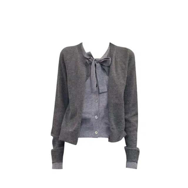望莱仕 格雷系穿搭假两件蝴蝶结上衣女开衫春秋高级感外套针织衫 女款