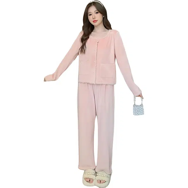 潞优野 轻奢高级感季冬女加绒加厚双面绒小香风甜美海岛绒家居服睡衣套装 女款