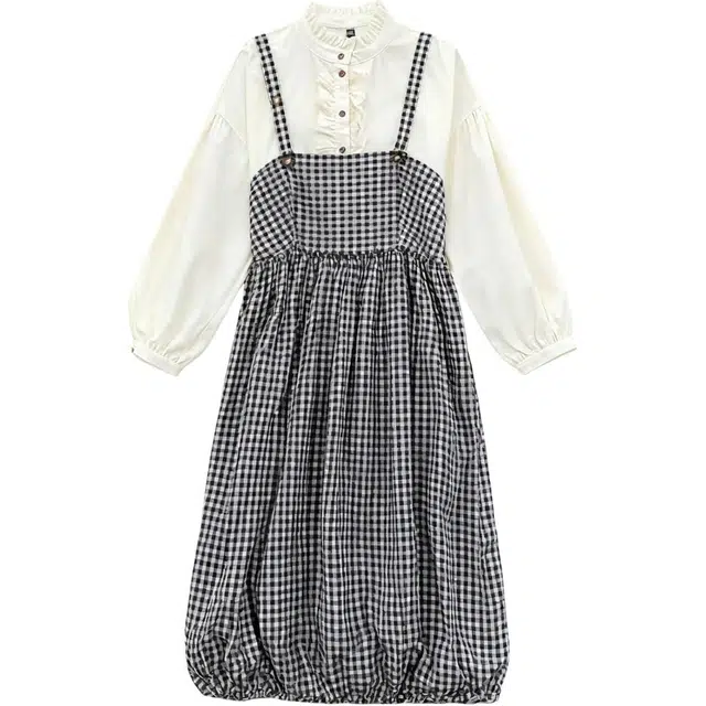 柏黛妃 文艺小清新格子设计感宽松高腰连衣裙简约上衣裙装套装 女款