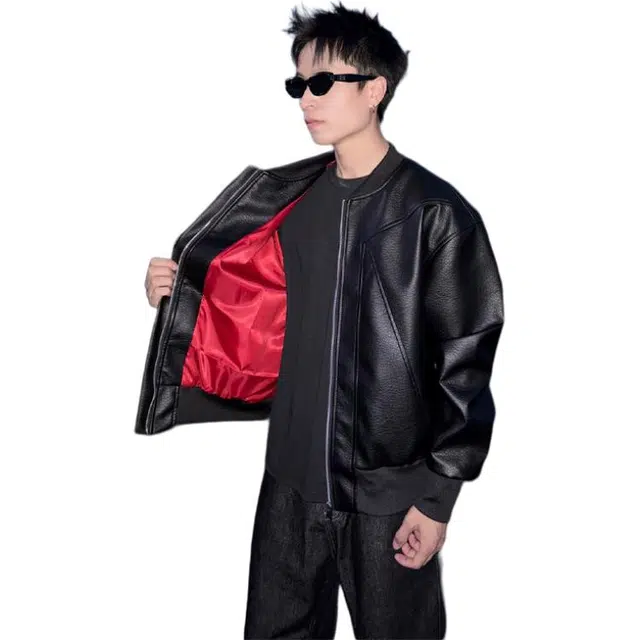 佑麟 美式短款皮衣外套秋季痞帅高级感机车服红内棒球服飞行皮夹克 男女同款