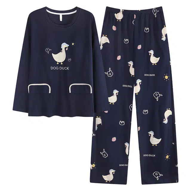 帕兰朵 女士春秋冬季纯棉卡通圆领长袖长裤带胸垫休闲家居服舒适睡衣套装 女款