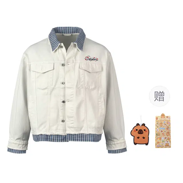 卡皮巴拉小黄豚 美式高街做旧复古原宿简约潮牌流行拼接格子翻领夹克假两件宽松休闲时尚百搭通勤牛仔外套 男女同款