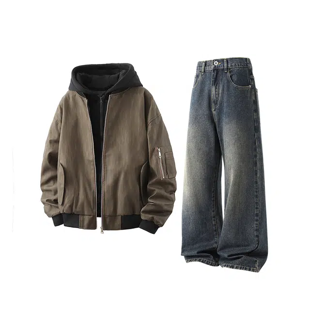 素杭 美式重磅撞色拼接假两件连帽开衫夹克外套搭配复古经典百搭直筒牛仔裤两件套潮流穿搭一整套休闲运动套装 男女同款