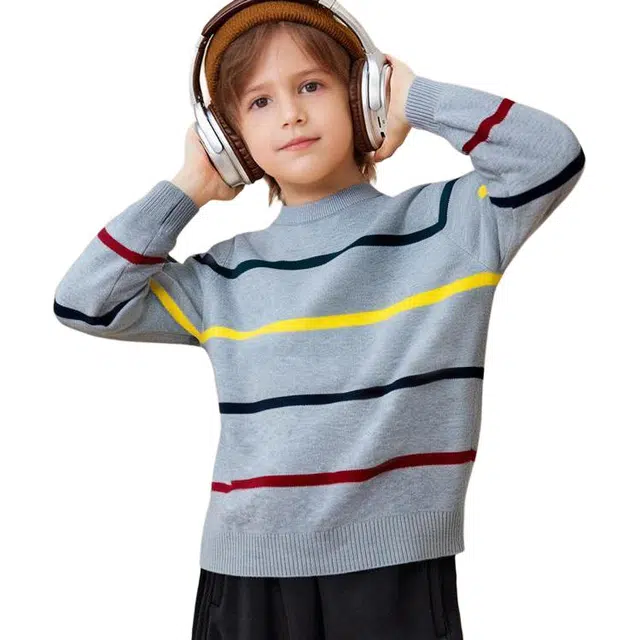 十月妈咪毛衣 拼色条纹圆领 儿童款