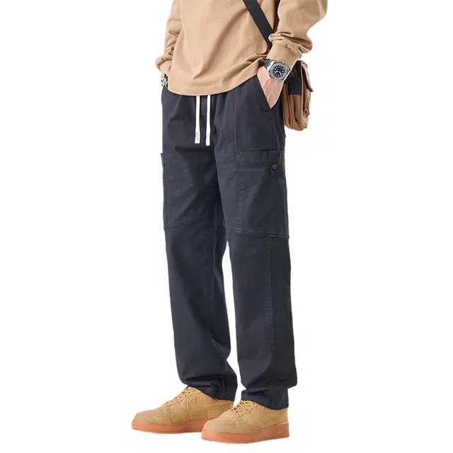 赛瀚 潮牌工装阔腿休闲裤男款宽松百搭秋季厚款纯色松紧腰抽绳显瘦显高舒适亲肤男装长裤青少年高街潮流通勤外穿男裤 男女同款