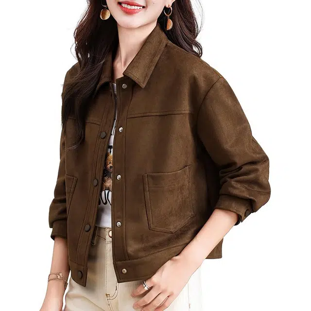 缪斯的诱惑 美拉德春秋显瘦短款设计感麂皮绒外套时尚潮流工装软壳衣户外通勤休闲百搭高街复古机车宽松开衫上衣经典简约翻领夹克  女款