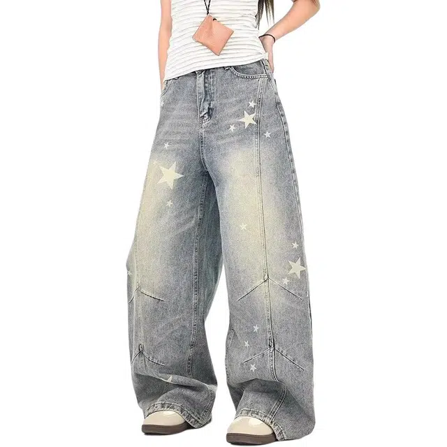 加荣 美式复古印花星星牛仔裤男秋季高街做旧水洗阔腿裤男宽松褶皱休闲裤男士慵懒风松弛感弯刀裤子男款青少年痞帅男装长裤 男女同款