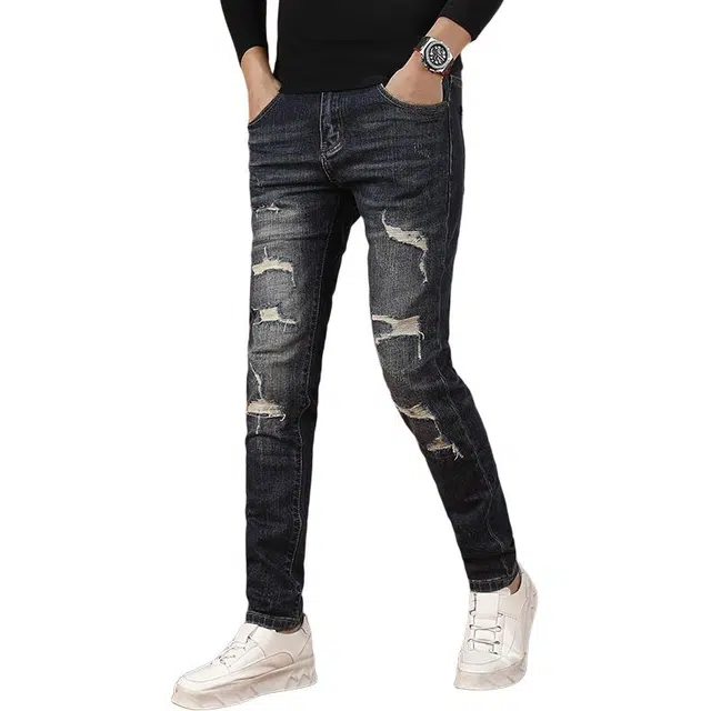 吉肯蒂 破洞男士款美式高端潮牌弹力修身小脚裤牛仔裤 男款