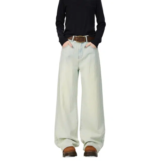 加荣 美式复古蓝牛仔裤男秋季潮牌百搭休闲裤男宽松舒适直筒裤男青少年痞帅男装裤时尚高级感弯刀裤男款可系皮带基础款男长裤 男女同款