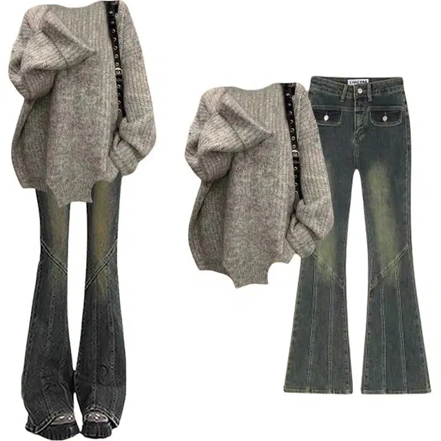 轻迎 韩版宽松慵懒毛衣做旧牛仔裤两件休闲套装 女款