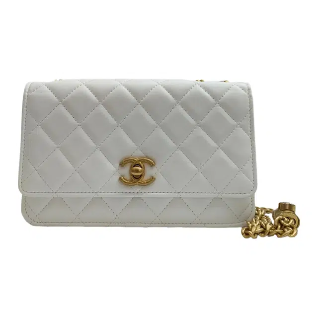 CHANEL WOC Small Gold Ball Chain Shoulder Quilted Lambskin Wallet Bag White