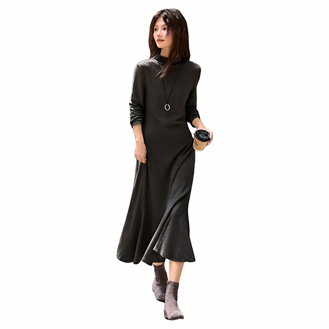 佐塞斯 高端品质轻奢知性优雅半高领弹力针织秋冬修身收腰显瘦鱼尾裙长袖连衣裙 女款