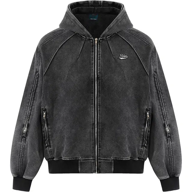 爱肯 美式机车风做旧水洗皮衣美拉德色系宽松复古翻领擦色卫衣 男女同款