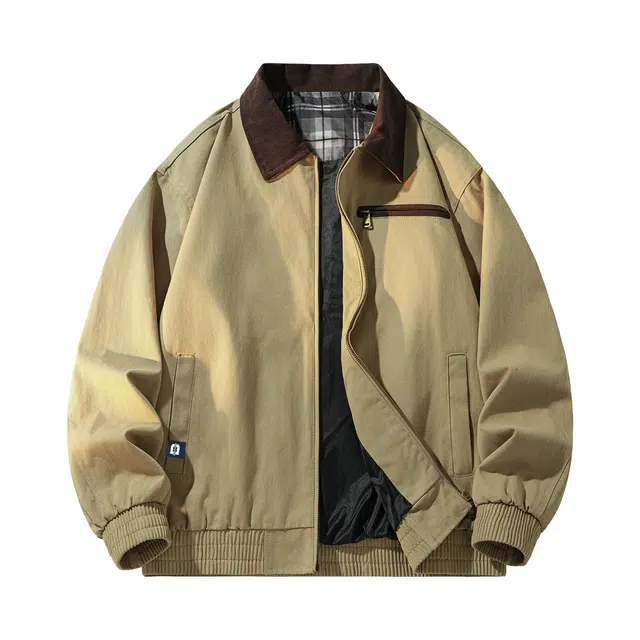 敦煌博物馆 美式复古巴恩风工装简约拼接撞色底特律宽松休闲拉链哈灵顿户外通勤水洗纯棉面料舒适百搭翻领夹克外套 男女同款