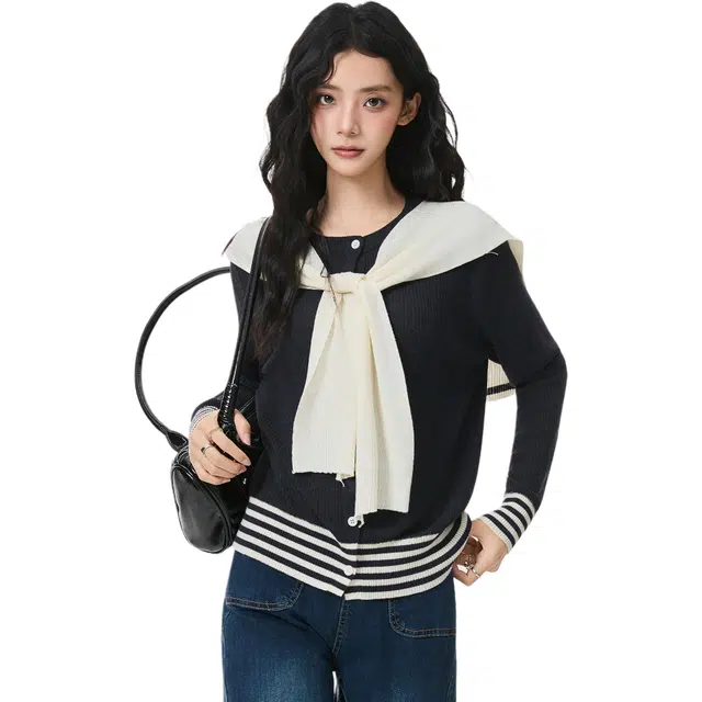 淑好百 学院风撞色条纹开衫针织衫 女款
