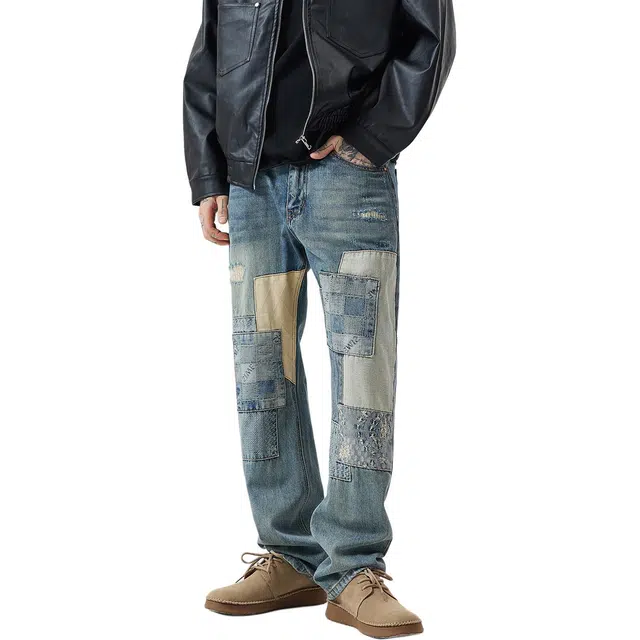 逆腾 秋季破洞补丁长裤男美式拼接痞帅风男士复古宽松直筒牛仔裤 男款