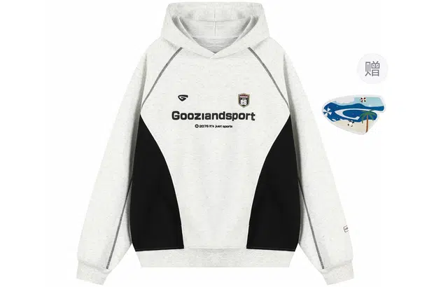 港仔文艺男 美式复古撞色拼接字母数字徽章印花袖口小标明线设计连帽套头上衣休闲百搭宽松长袖卫衣 男女同款