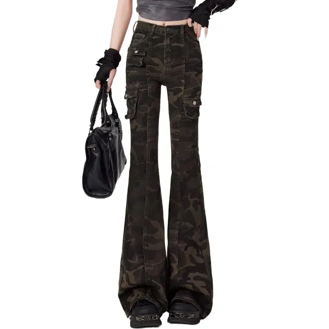 苏九儿 设计感美式高腰修身显瘦微喇叭拖地牛仔裤 女款