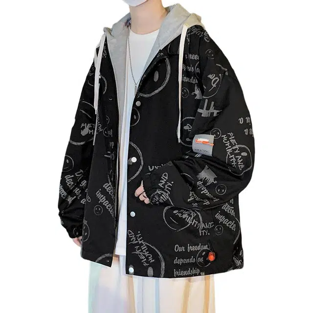 洋气先生 潮牌假两件满图案字母印花扎染设计无性别主义青少年感长袖时尚休闲舒适保暖防风户外徒步日常通勤百搭连帽外套夹克 男女同款