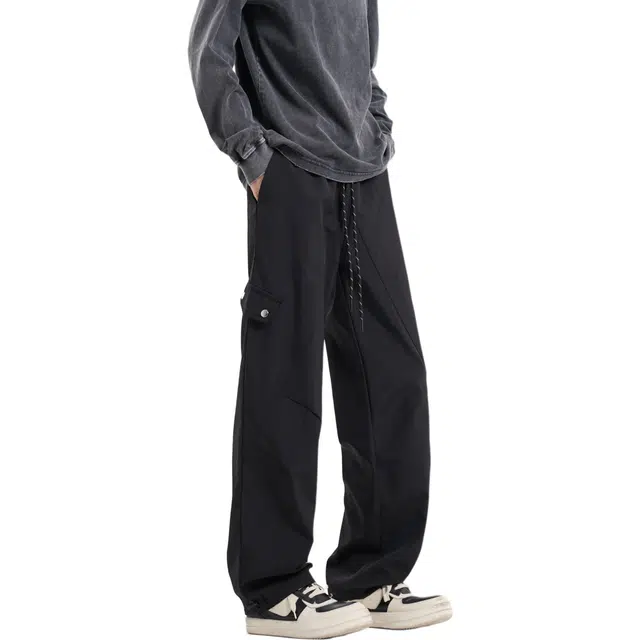 华夏儿女 美式高街纯色潮流百搭防水防风户外冰丝凉感机能工装基础款可调节抽绳垂感宽松直筒裤休闲裤 男款