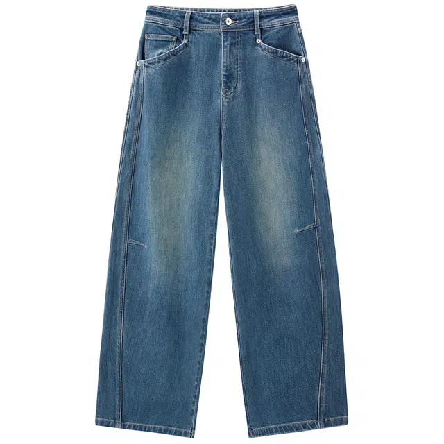 太平鸟 复古高腰显瘦百搭磨毛阔腿裤宽松保暖茧型弯刀牛仔裤 女款