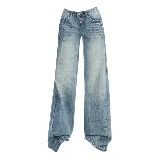 拾籍 小众设计复古蓝闪电纹裂纹低腰时尚辣妹水洗直筒裤经典款式宽松显瘦百搭垂感拖地牛仔裤 女款