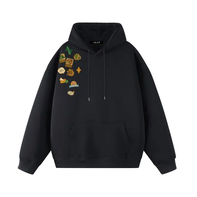 一人之下 美式休闲可爱小狗卡通爪印竹子印花设计春秋款通勤日常落肩长袖连帽卫衣 男女同款