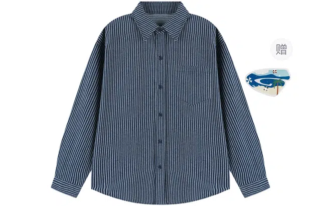 港仔文艺男 美式潮流撞色竖条纹廓形翻领口袋上衣宽松百搭休闲长袖衬衫 男女同款