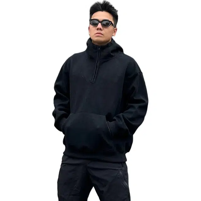 冈哉 美式基础款结构纯色连帽拉链高领立领简约百搭痞帅个性潮流潮牌慵懒感城市日常通勤柔软舒适卫衣 男女同款