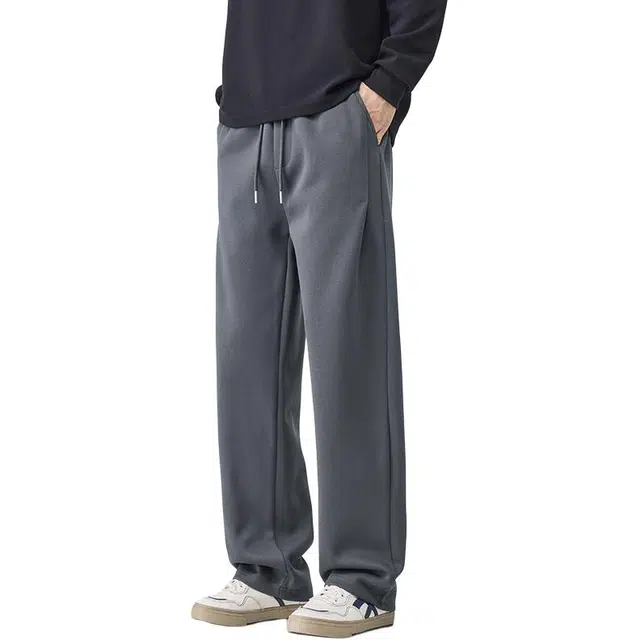 潮人榜 秋冬季美式潮牌高级感卫裤高街基础款垂感宽松拖地直筒长裤子潮流百搭针织运动阔腿休闲裤 男女同款