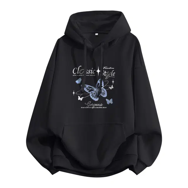 棉致 闪耀蝴蝶涂鸦潮流时尚创意百搭学院风日常通勤落肩宽松柔软舒适套头连帽卫衣 男女同款