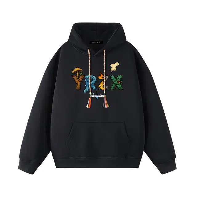 一人之下 美式休闲卡通风签字体字母印花创意帽绳日常通勤落肩长袖连帽卫衣 男女同款