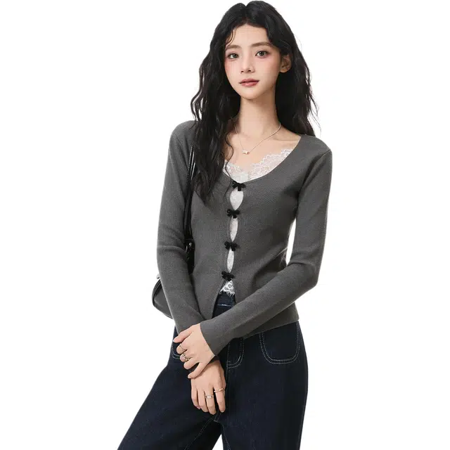 淑好百 蕾丝拼接小衫内搭休闲风针织衫 女款