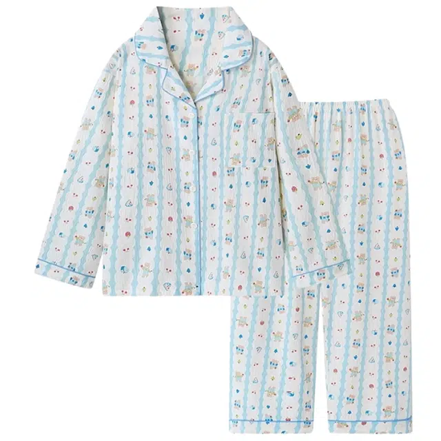 静英鸾 条纹卡通小熊时尚甜美风休闲舒适秋季翻领家居服睡衣套装 女款