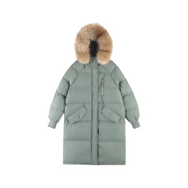 敲模女孩 韩系学院风连帽毛领长款过膝加厚保暖舒适棉服 女款