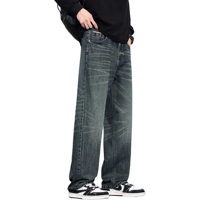 协协乐 高街风美式复古水洗扎染春秋季潮牌宽松直筒阔腿拖地裤青少年痞帅百搭休闲运动长裤牛仔裤 男款